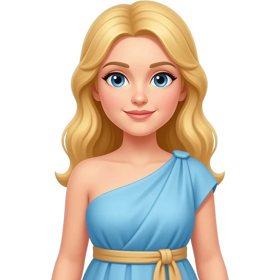 Greek godess with blonde hair, light blue dress that covers both shoulders and beige obi belt emoji