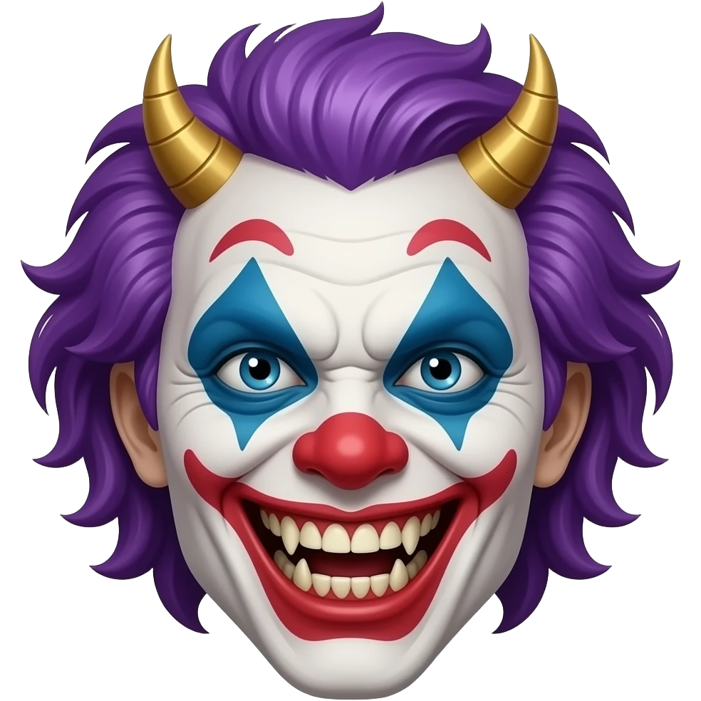 An evil , demonic clown with purple hair, head only, wicked grin, hyper real, crazy makeup, scary, hyper real, ultra real, no horns emoji