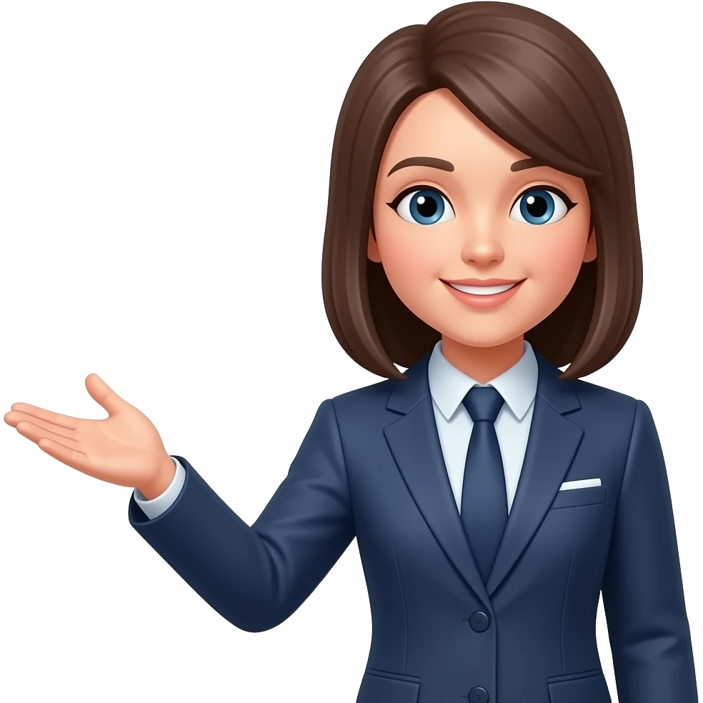 손을 펴고 안내하는 젊은 여성 직장인. 앞모습으로 만들어줘 emoji