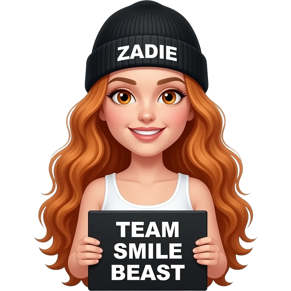 sexy girl with overlong wavy ginger hair and ginger eyes wearing a white tanktop and a black beanie with ZADIE written on it is holding a black sign with just TEAM SMILE BEAST on it emoji
