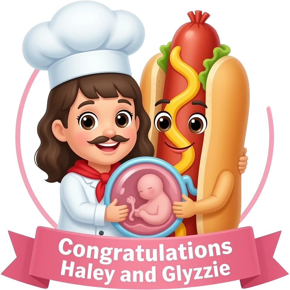 An anthropomorphic chef hat, and an anthropomorphic hot dog, in love, holding a sonogram, underneath a banner that says "Congratulations Haley and Glyzzie" emoji
