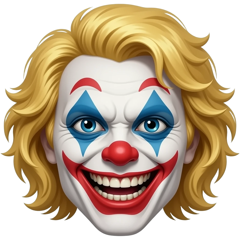 An evil clown with gold hair, head only, wicked grin, hyper real, crazy makeup, scary, hyper real, ultra real emoji