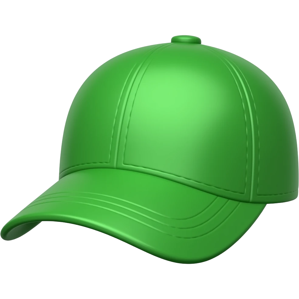 Apple iOS style green baseball cap emoji, glossy 3D emoji design, smooth shading, vibrant green color, soft lighting, ultra detailed, minimal clean background, premium iOS emoji aesthetic emoji