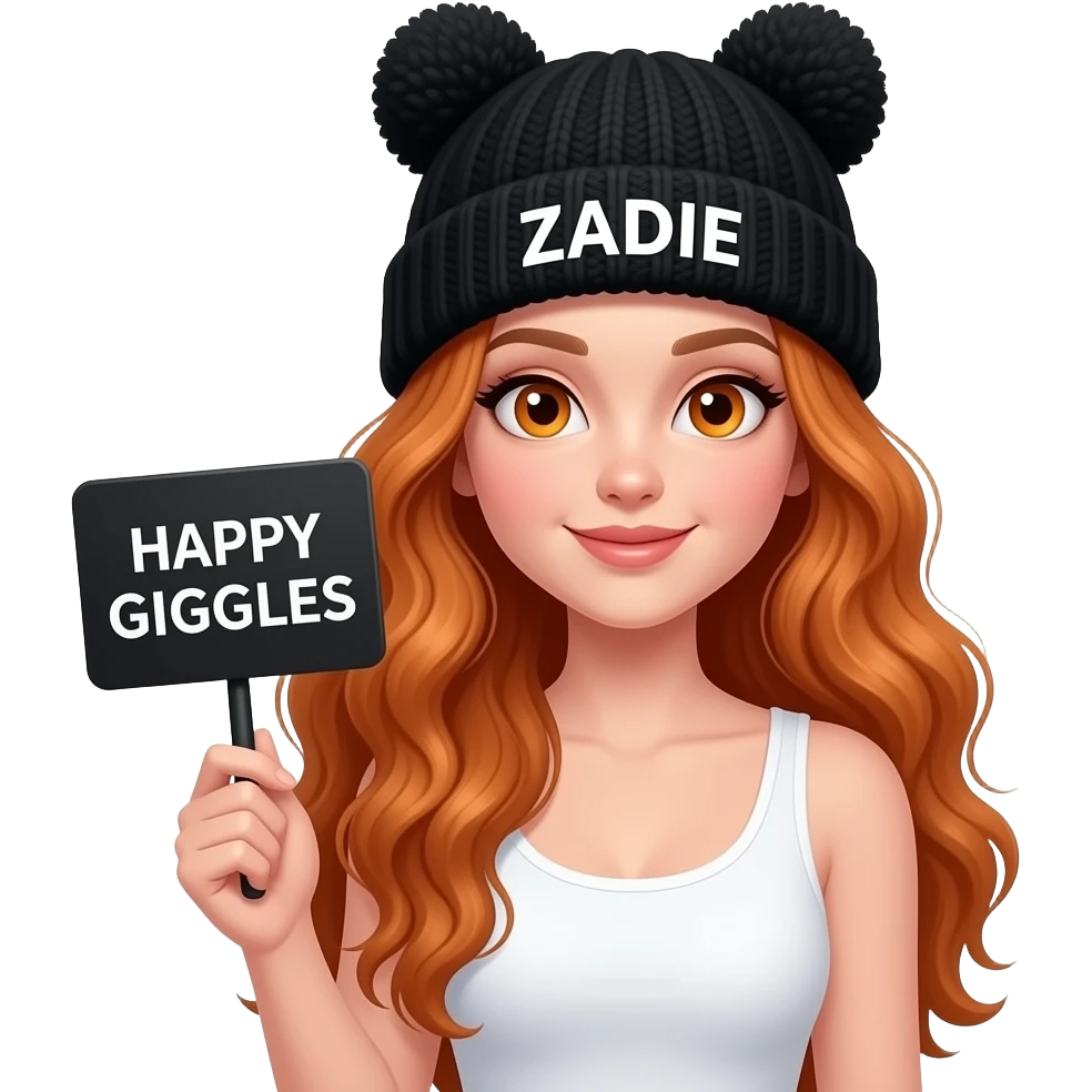sexy girl with overlong wavy ginger hair and ginger eyes wearing a white tanktop and a black pom hat with cat ears with ZADIE written on it is holding a black sign with HAPPY GIGGLES on it emoji