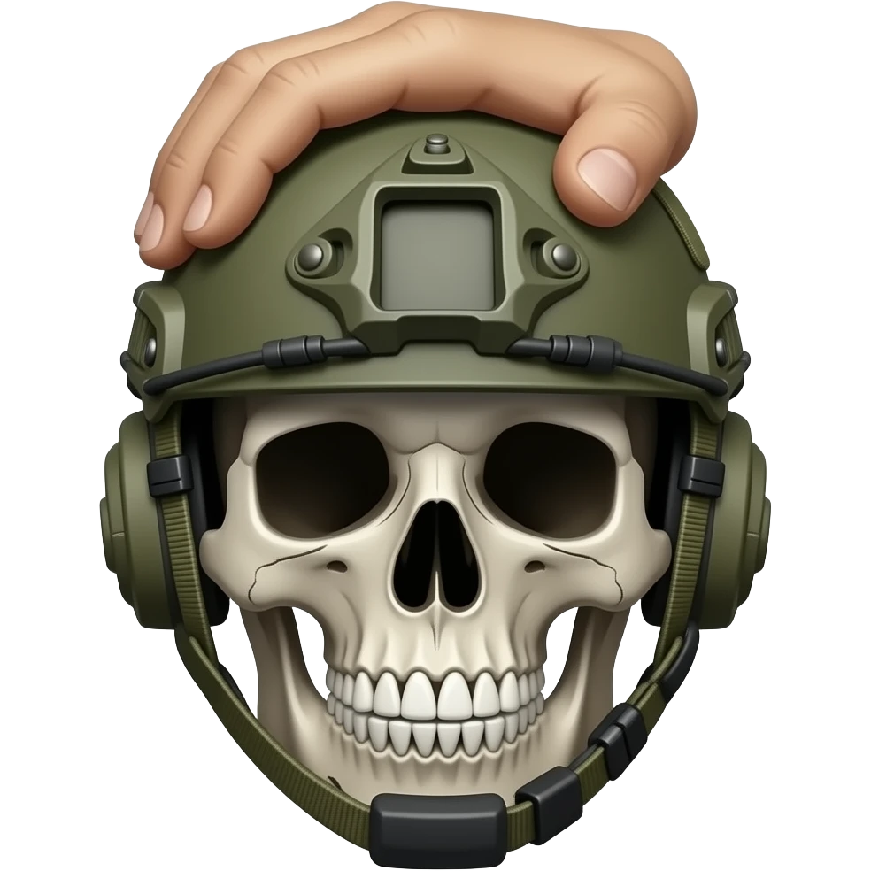 turn the skull into a military emoji with a tactical helmet and one hand tapping the top of his head in a horizontal direction emoji