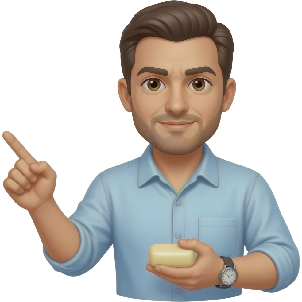 A serious man with a watch on his wrist points to one side with one hand and holds a bar of soap with the other. emoji