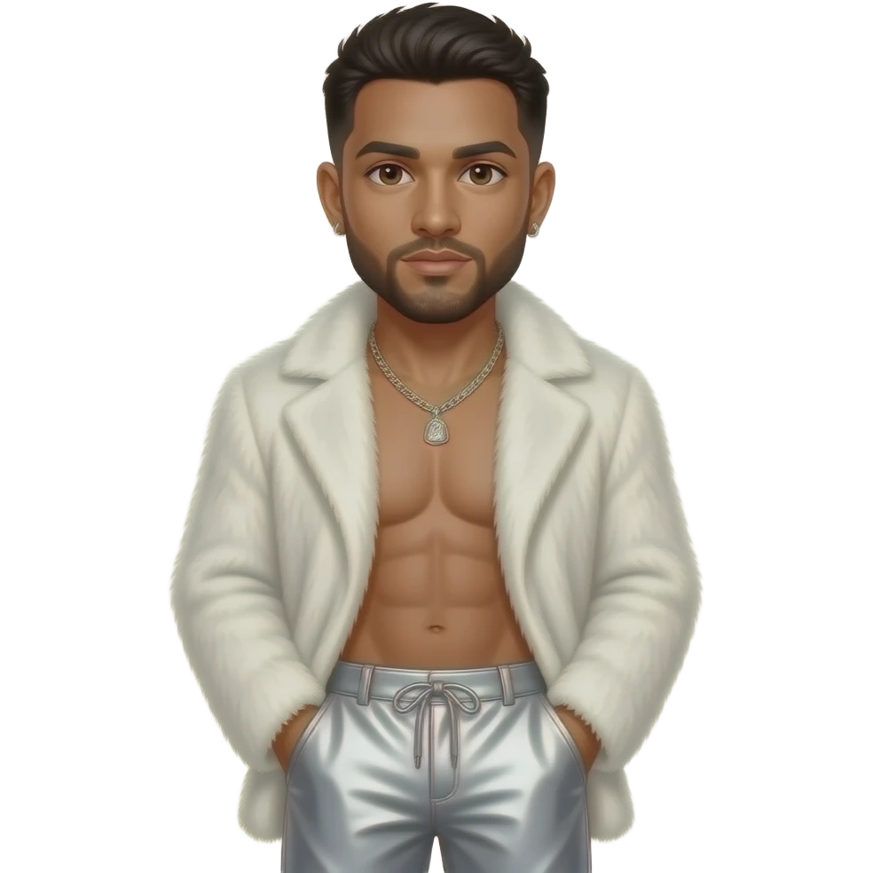 Howie Dorough with brown eyes, black hair and short beard, white fur coat, white metallic baggy pants, shirtless with necklace emoji