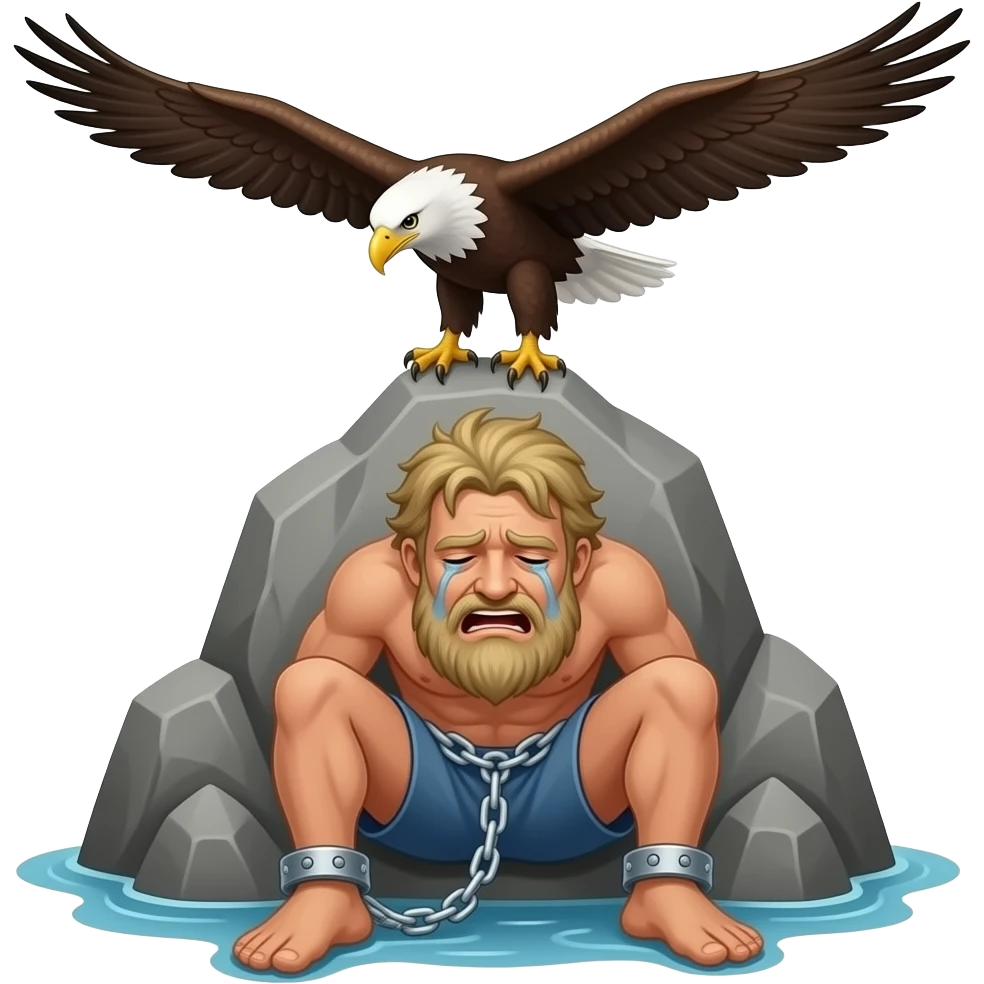 “Prometheus chained to a rock with a suffering expression while an eagle flies above him, symbolizing sacrifice, punishment, and endurance.” emoji