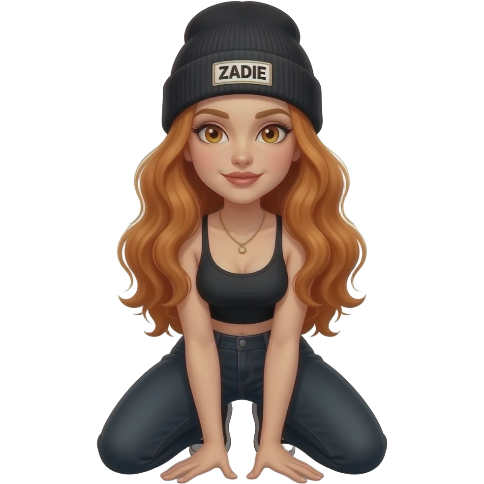 sexy girl with overlong wavy ginger hair and ginger eyes wearing a black tanktop and a black beanie with ZADIE written on it,  is on her knees emoji