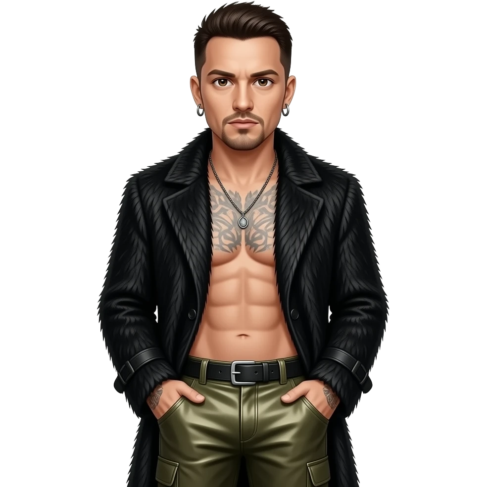 Chester Bennington with brown eyes, dark brown hair, black fur coat, olive metallic baggy pants, shirtless with necklace and earrings emoji