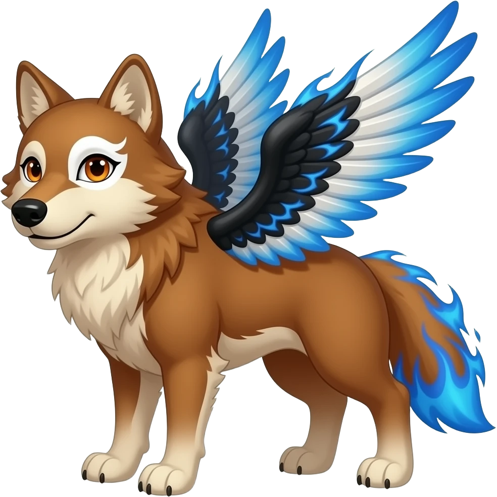 russet wolf with orange eyes, a white marking over the left eye, black, white and blue wings and blue flames over the fur emoji
