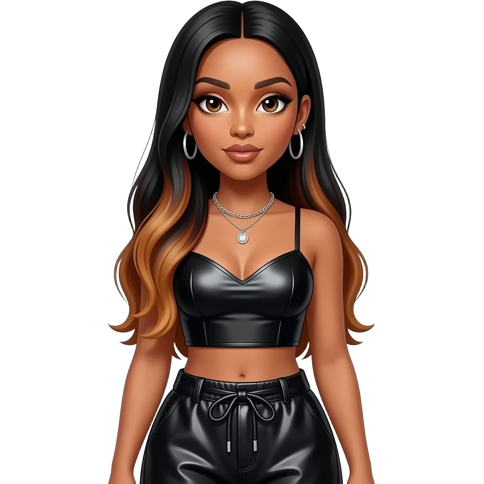Aaliyah with brown eyes, long black straight hair with dark auburn ombre, black metallic sweetheart crop top, black metallic baggy pants, necklace and earrings emoji