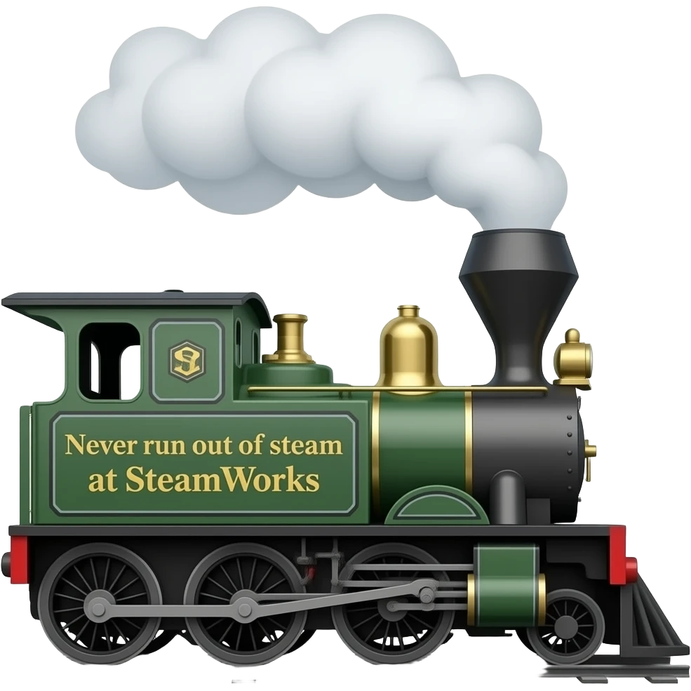 Print text: "Never run out of steam at SteamWorks". Steam train engine with SteamWorks logo.. emoji