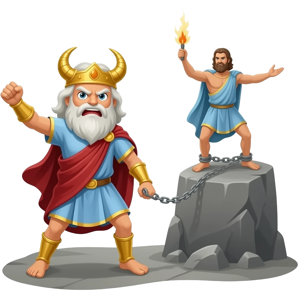 “Zeus in the foreground throwing lightning bolts in anger, while Prometheus appears chained to a rock in the background, symbolizing punishment for giving fire to humanity.” emoji