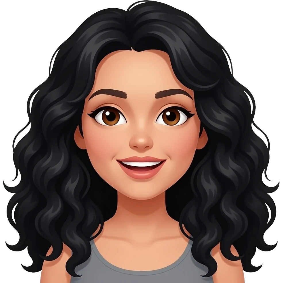 crear emoji de mujer de cabello largo negro rizado, ojos café oscuro y de piel blanca cantando emoji