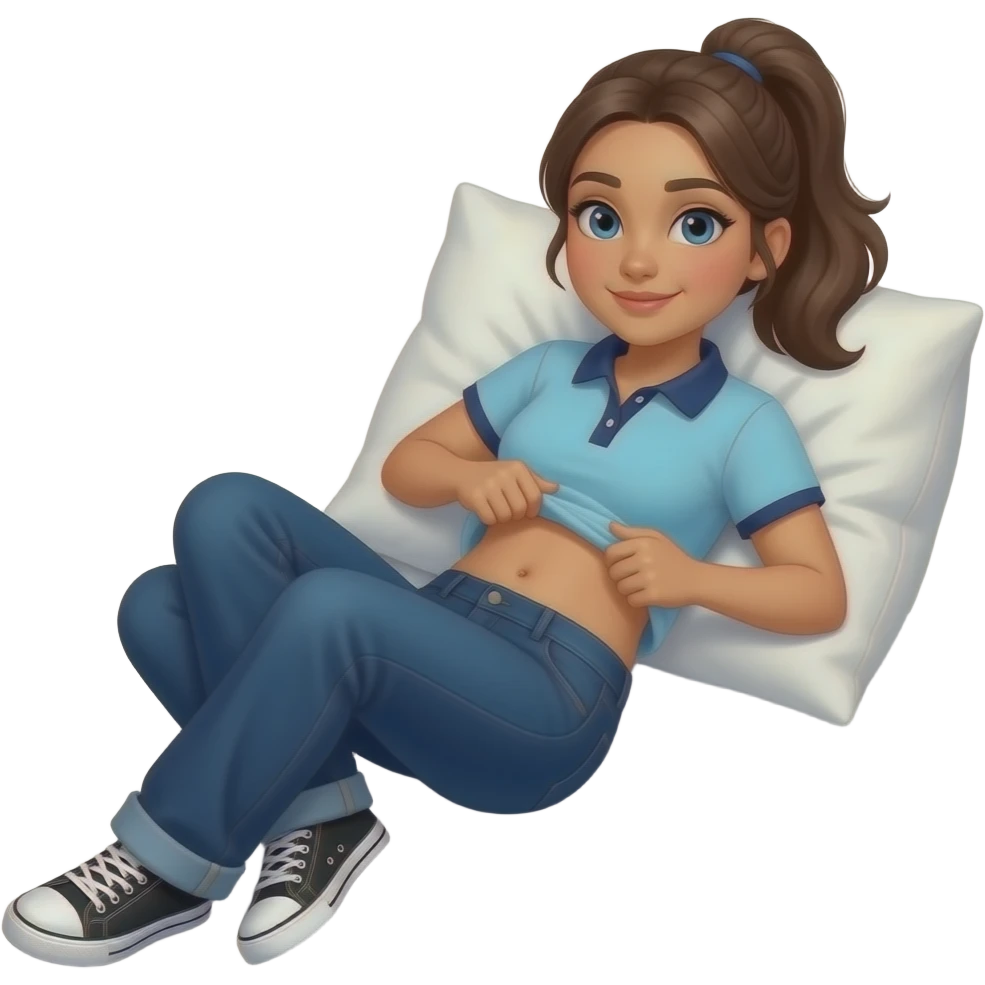 Hispanic girl with brown ponytail and blue eyes light blue and dark blue polo and dark blue baggy jeans and white and black sneakers and belly button laying down on her pillow on her bed lifting her shirt belly rubbing emoji