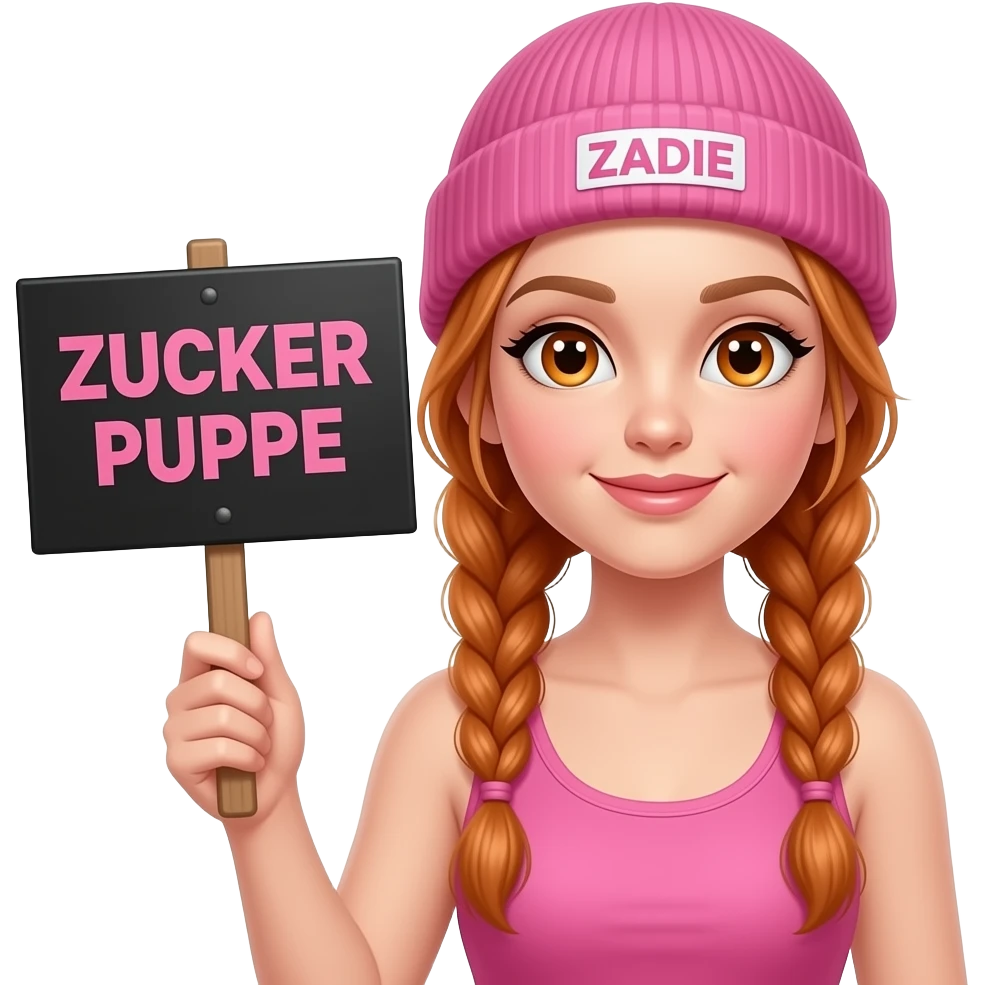 sexy girl with overlong ginger braids and ginger eyes wearing a pink tanktop and a pink beanie with ZADIE written on it, is holding a black sign with ZUCKER PUPPE written on it emoji