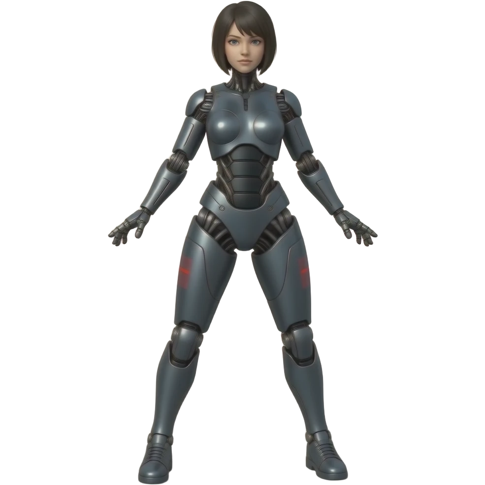 A female robot made of dark gray steel with black and red markings, full body, sexy pose, no human features emoji