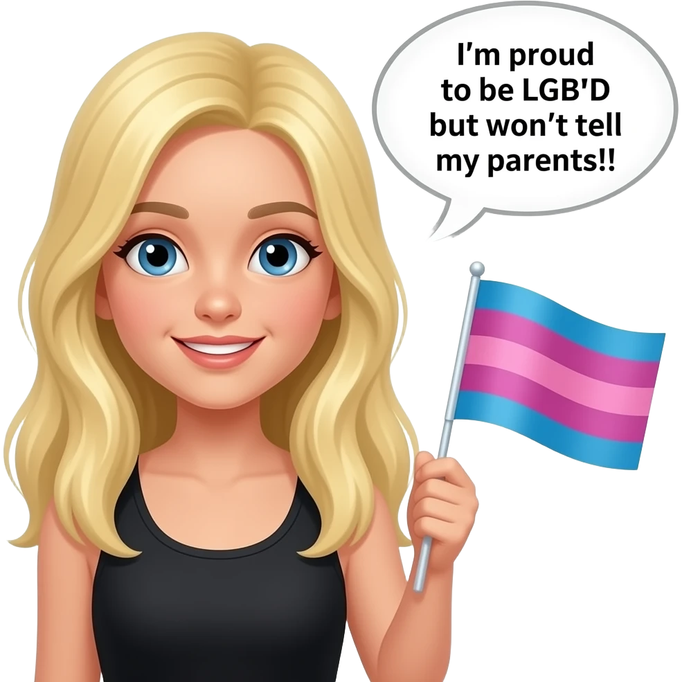ten year old with long light yellow hair and a black tanktop holding a bisexual flag and saying "I'm proud to be LGBTQ but won't tell my parents!!" emoji