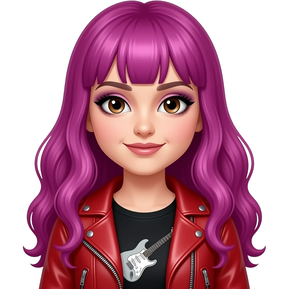 Cute face Hazelnut eyes A white girl black glittery smoky eye make up magenta, hair, long hair, black top with guitar on it and leather red sweater emoji
