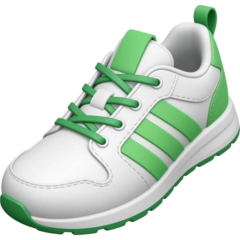 Apple iOS style white pickleball sneakers emoji, glossy 3D sports shoes, white body with green shoelaces and green accents, minimal sporty design, smooth shading, front-side angle, ultra detailed, clean background, premium iOS emoji aesthetic emoji