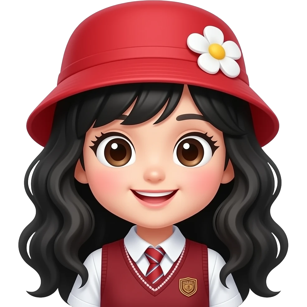 Cute chibi girl emoji, long black wavy hair, red bucket hat with white flower, big sparkling eyes, happy smile, school uniform, glossy 3D cartoon, kawaii style, white outline sticker, transparent background, ultra detailed. emoji