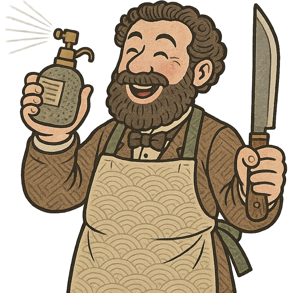 A happy victorian surgeon with a beard holding a carbolic spray in one hand and a surgeons knife in the other emoji