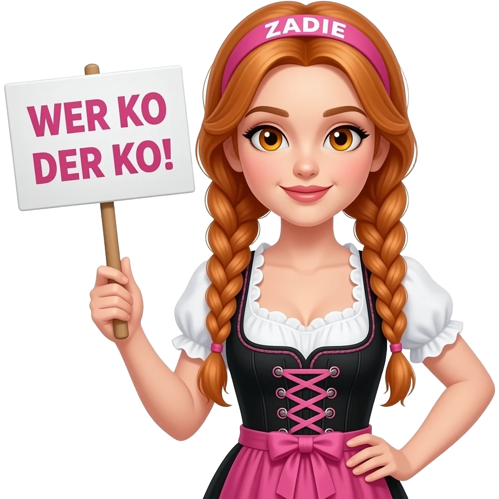 sexy girl with overlong ginger braids and ginger eyes wearing a black pink dirndl and a pink headband with ZADIE written on it, is holding a sign with WER KO DER KO! written on it emoji