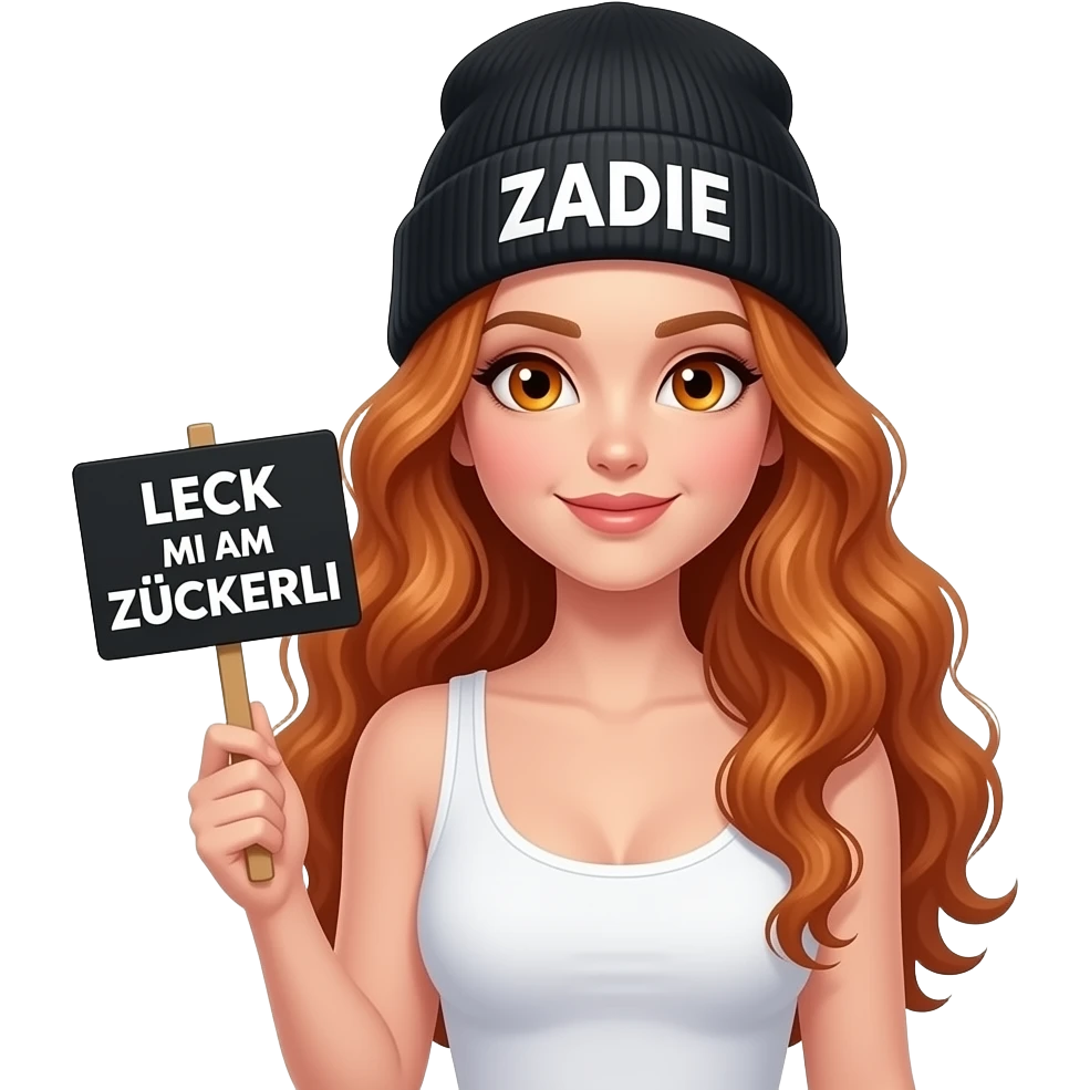 sexy girl with overlong wavy ginger hair and ginger eyes wearing a white tanktop and a black beanie with ZADIE written on it is holding a black sign with just LECK MI AM ZÜCKERLI on it emoji