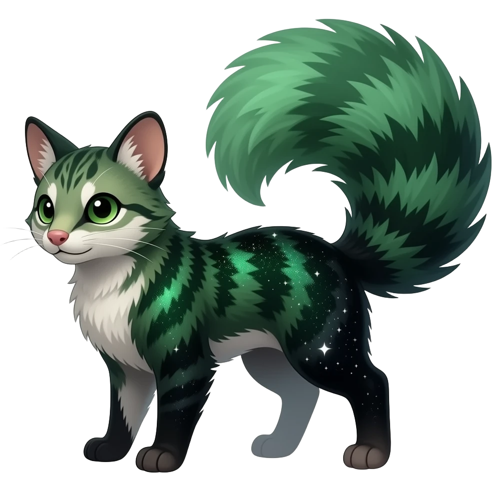 Hyper realistic forest-hunger-green-emerald-green-onyx-black-gradient velvet fur soaked in starlight glitter and shadow gradients beautiful elegant pretty precious cute Fakémon-Pokémon-opossum-Lykoi-genet-civet-serval-caracal-chinchilla-Furret-hybrid-creature with a big fluffy bushy tail (full body) emoji