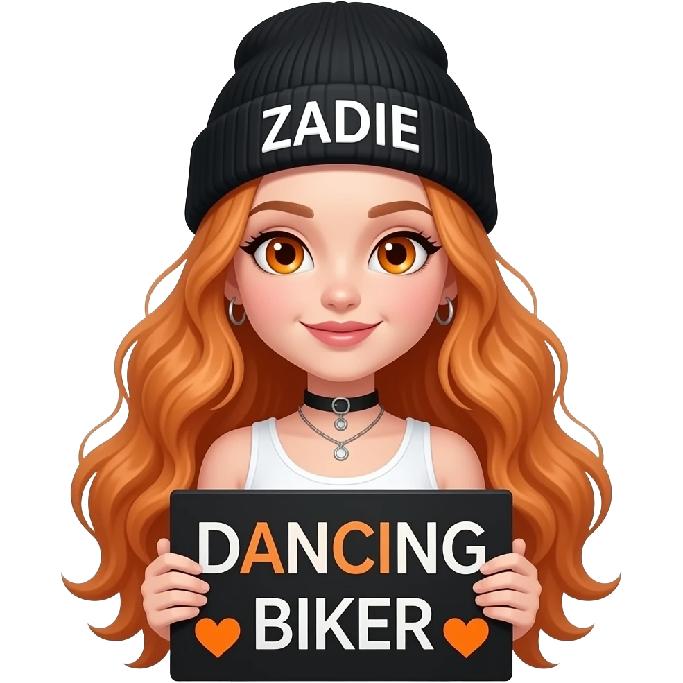 TEXT_sexy girl with overlong wavy ginger hair and ginger eyes wearing a white tanktop and a black beanie with ZADIE written on it, is holding a black sign with DANCING BIKER 🧡🧡🧡🧡🧡 written on it emoji