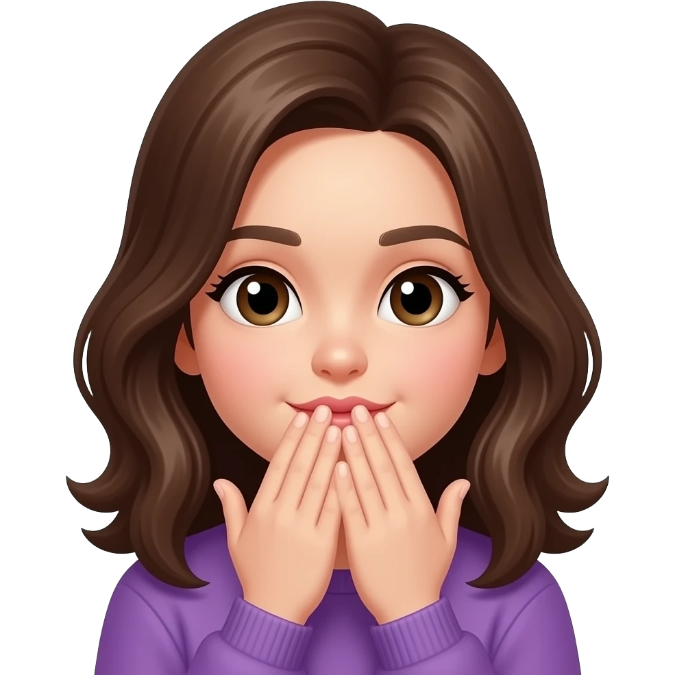 انشئ ايمجي لفتاة شعرها بني وملابسها بنفسجية تضع يديها على فمها وضعية قبلة emoji
