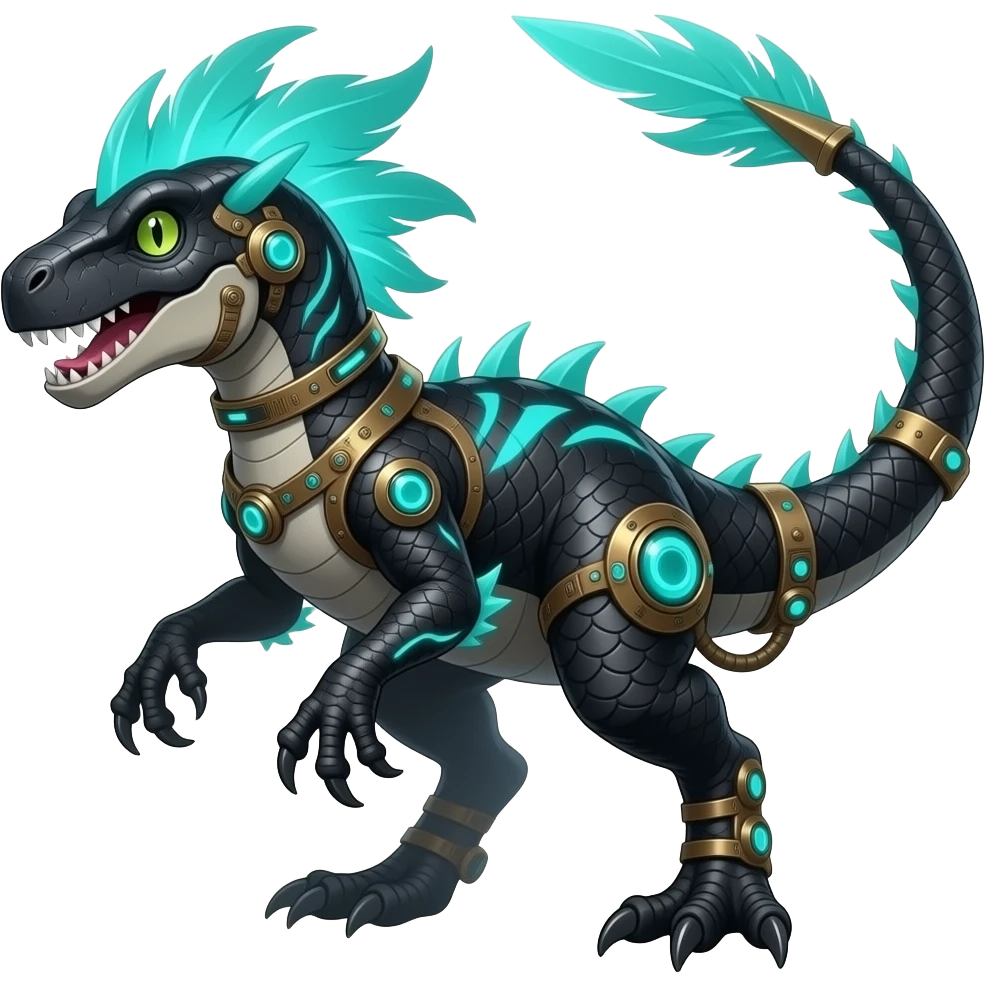 Cool edgy fiery black-scaled with neon-cyan stripe markings digitigrade bipedal futuristic raptorik fantasy-Cyberpunk-Steampunk-Solarpunk-Genesect-Salamence-Cyclizar-Salazzle-Feraligatr-Fakémon-animal-hybrid, with neon feather-mane, and a tail blade, back spikes, full body emoji