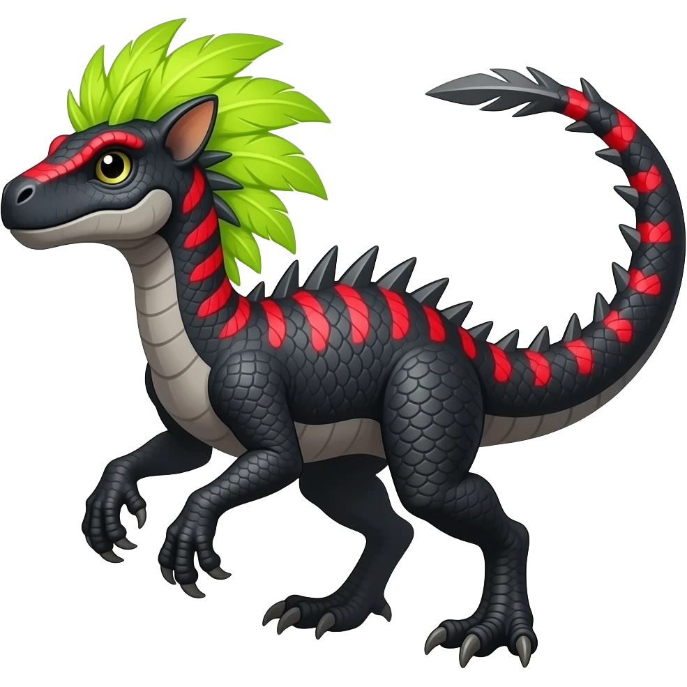 Cool edgy ancient black-scaled with neon-red stripe markings digitigrade bipedal vintage futuristic raptorik fantasy-Cyberpunk-Steampunk-Solarpunk-Genesect-Salamence-Cyclizar-Salazzle-Feraligatr-Fakémon-animal-hybrid, with neon feather-mane, and a tail blade, back spikes, full body emoji