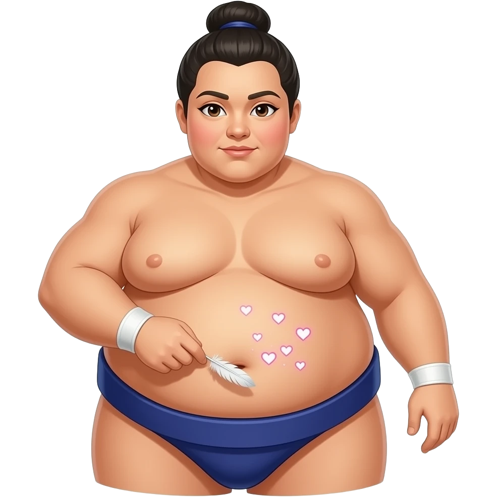 A female sumo warrior,she is stuffed silly after all you can eat buffet,her huge belly hangs out,her bellybutton gets tickled by a magical feather and paints hearts on her fat stomach. emoji