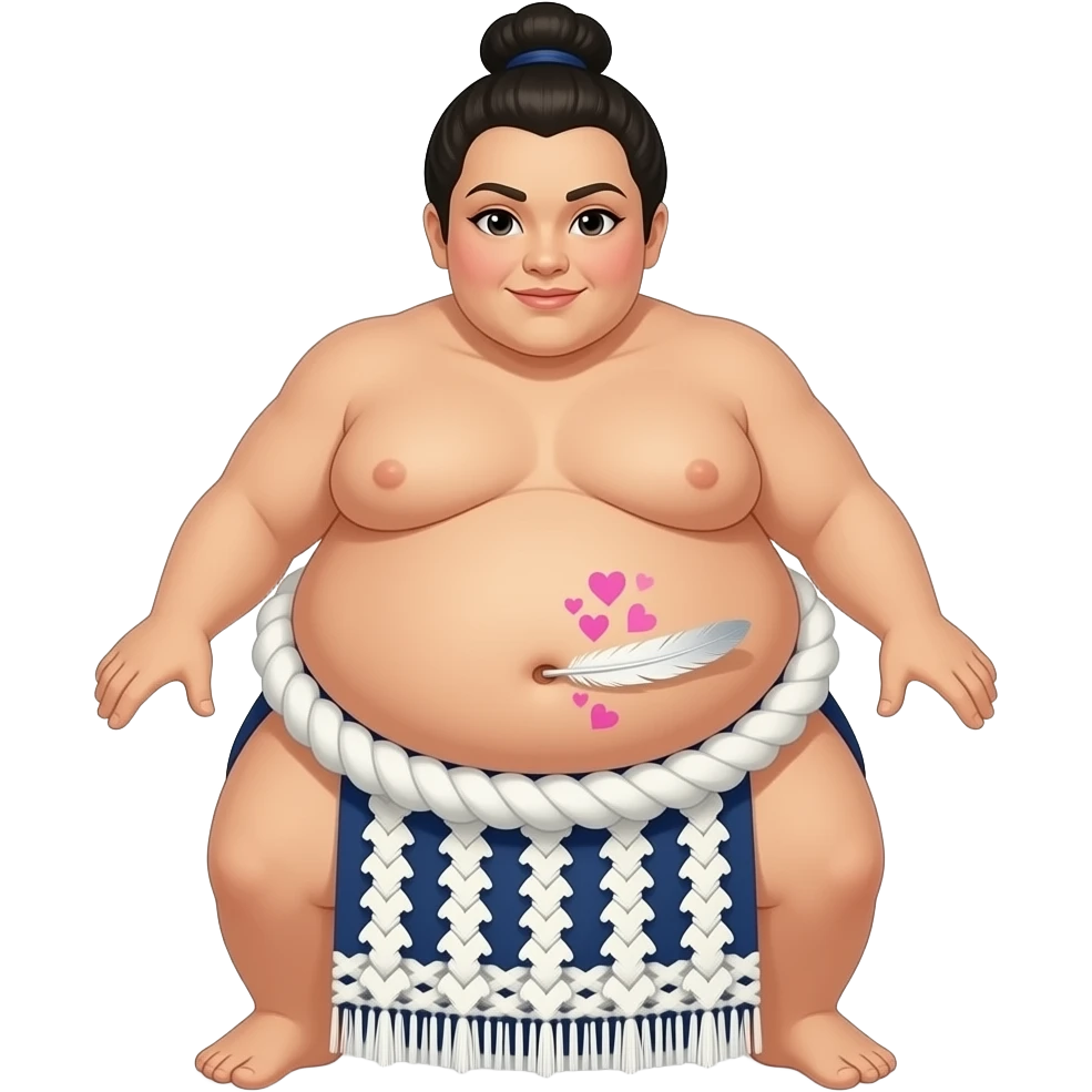 A female sumo warrior,she is stuffed silly after all you can eat buffet,her huge belly hangs out,her bellybutton gets tickled by a magical feather and paints hearts on her fat stomach. emoji