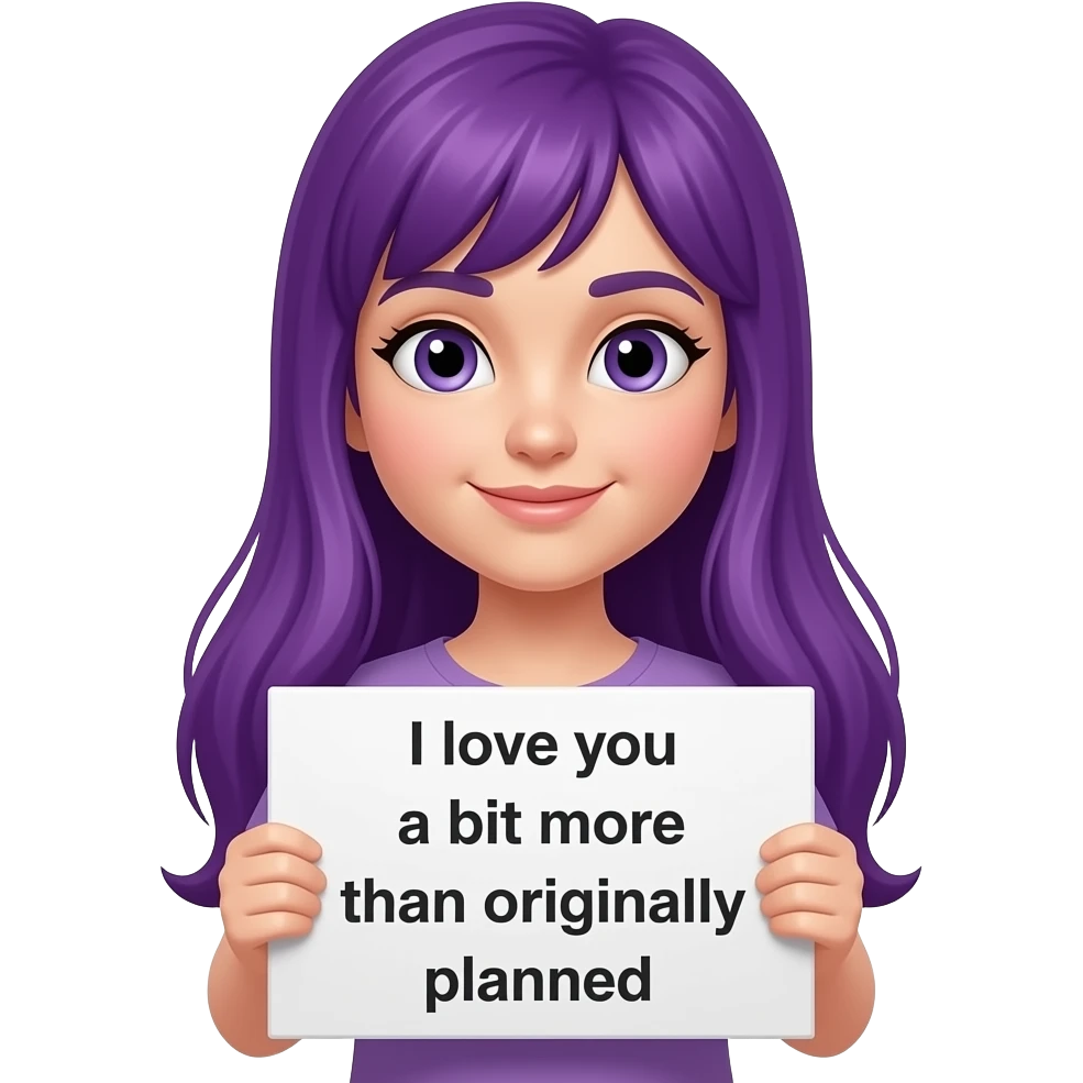 girl with long purple hair holding a ICH MAG DICH ein bisschen mehr als ursprünglich GEPLANT sign emoji