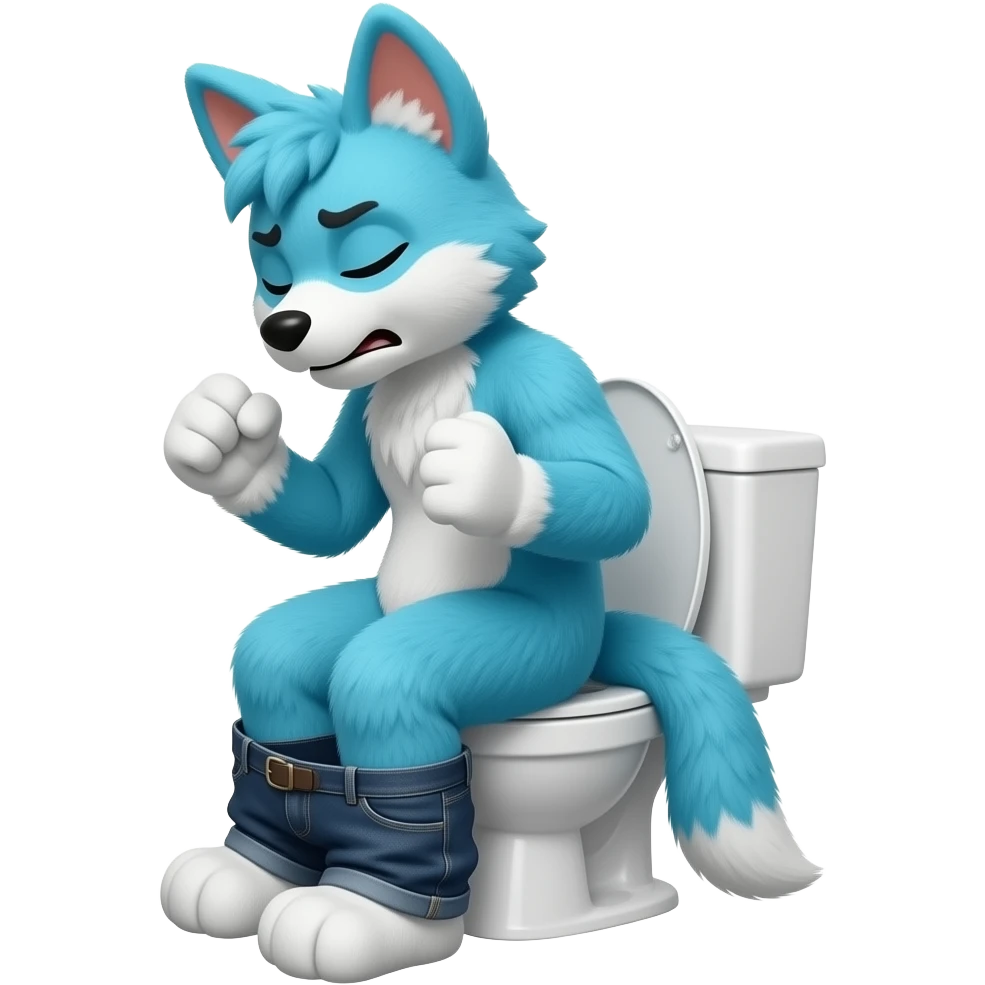 blue fursuit sitting on toilet, side view , pants down, pushing, eyes closed, straining face, fists, uncomfortable emoji