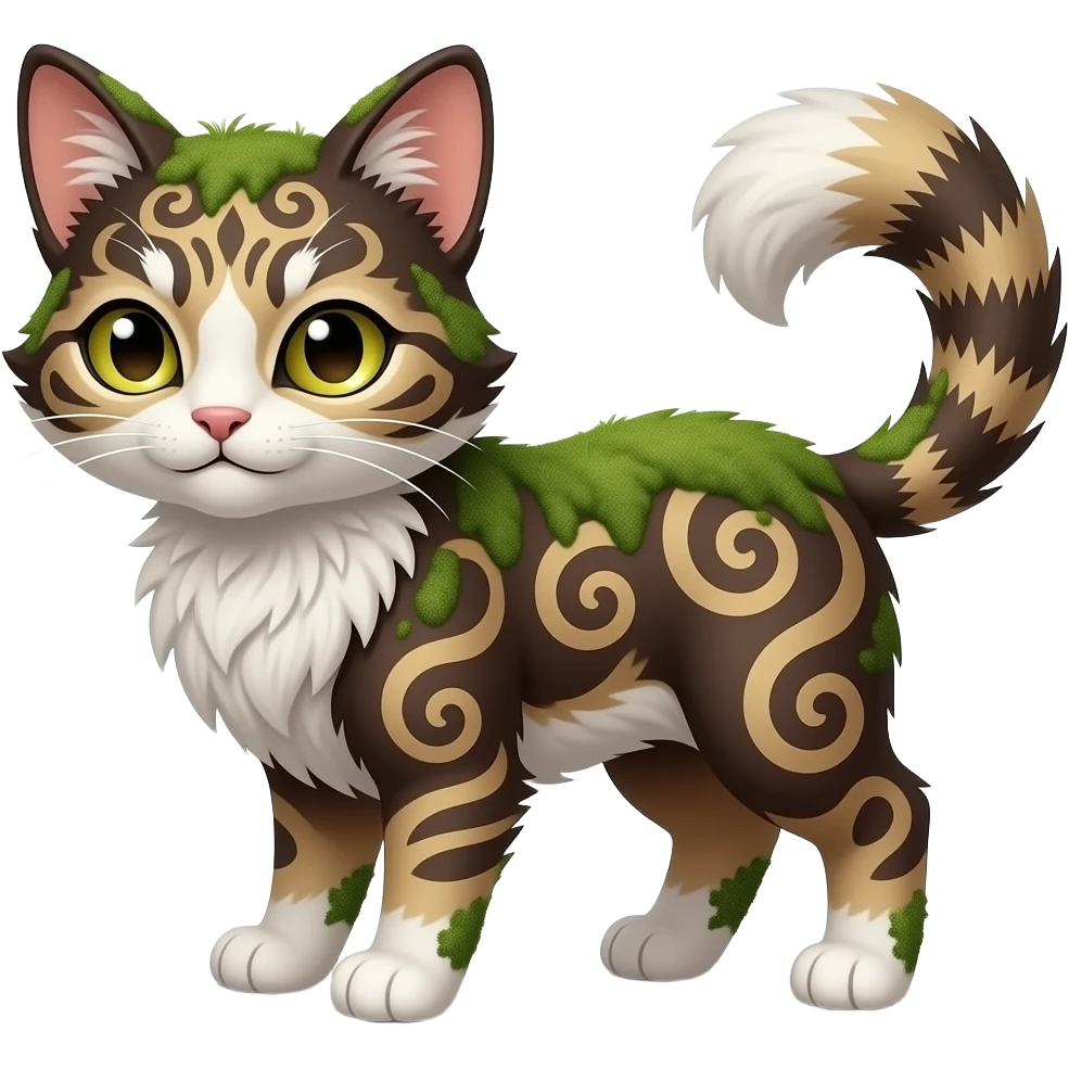 Kawaii mossy grassy dark edgy brown beige white fantasy ethereal feline-vernid-sergal-fursona animal creature with a tufted tail full body with intricate markings, hazel-gold-green eyes emoji