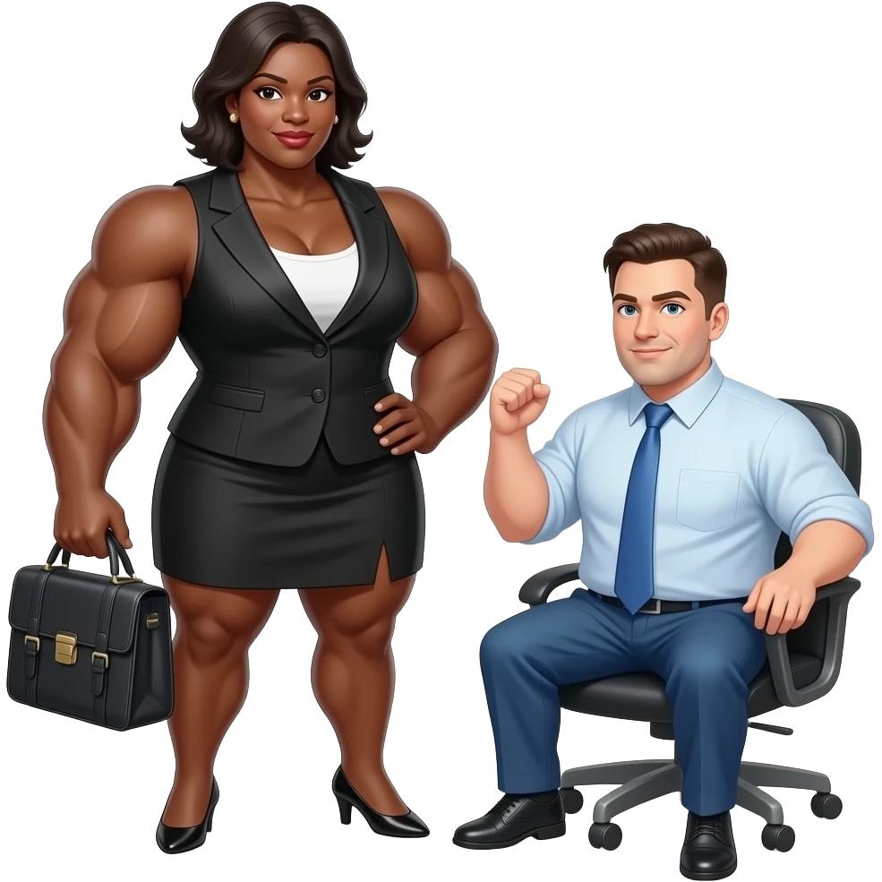 thick muscular savage black woman proudly dominating her wimpy boss to take over as boss in total command of her sissy slave emoji