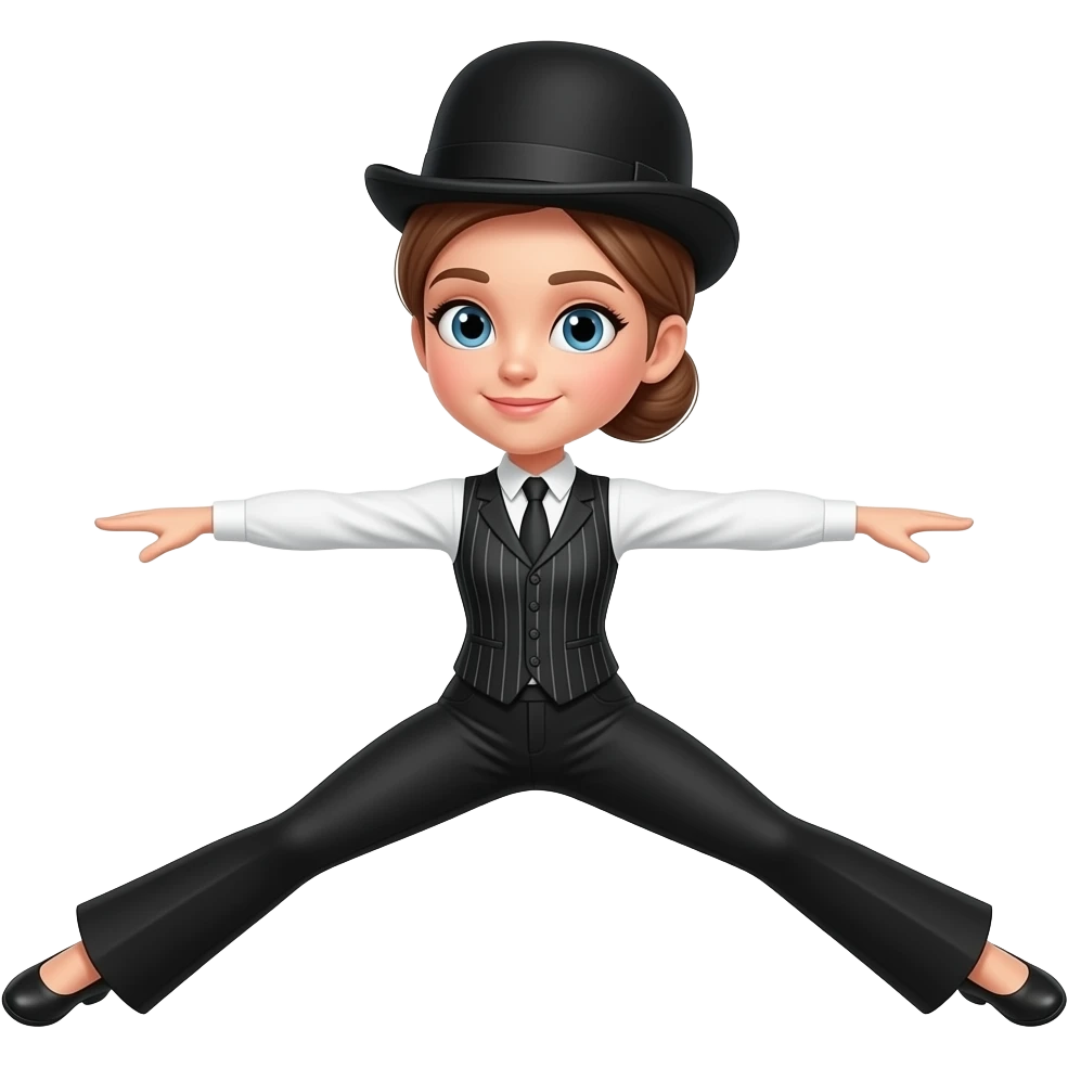 A girl dancing with light brown hair in a slick middle parting bun. Doing a split leap, wearing black flared leggings, and a pinstripe waist coat, and a black bowlers hat please emoji