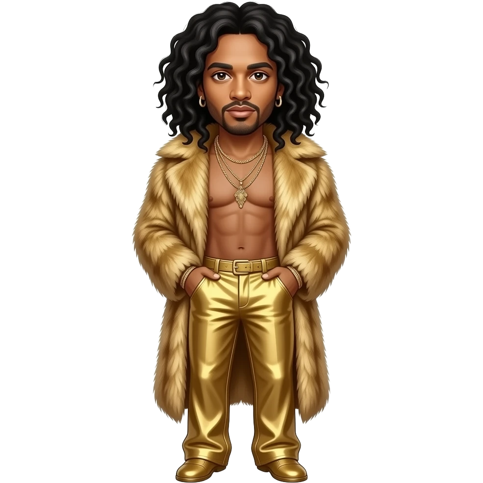 Lenny Kravitz with dark brown eyes, long black hair, gold fur shawl, gold metallic baggy pants, shirtless with necklace and earrings emoji
