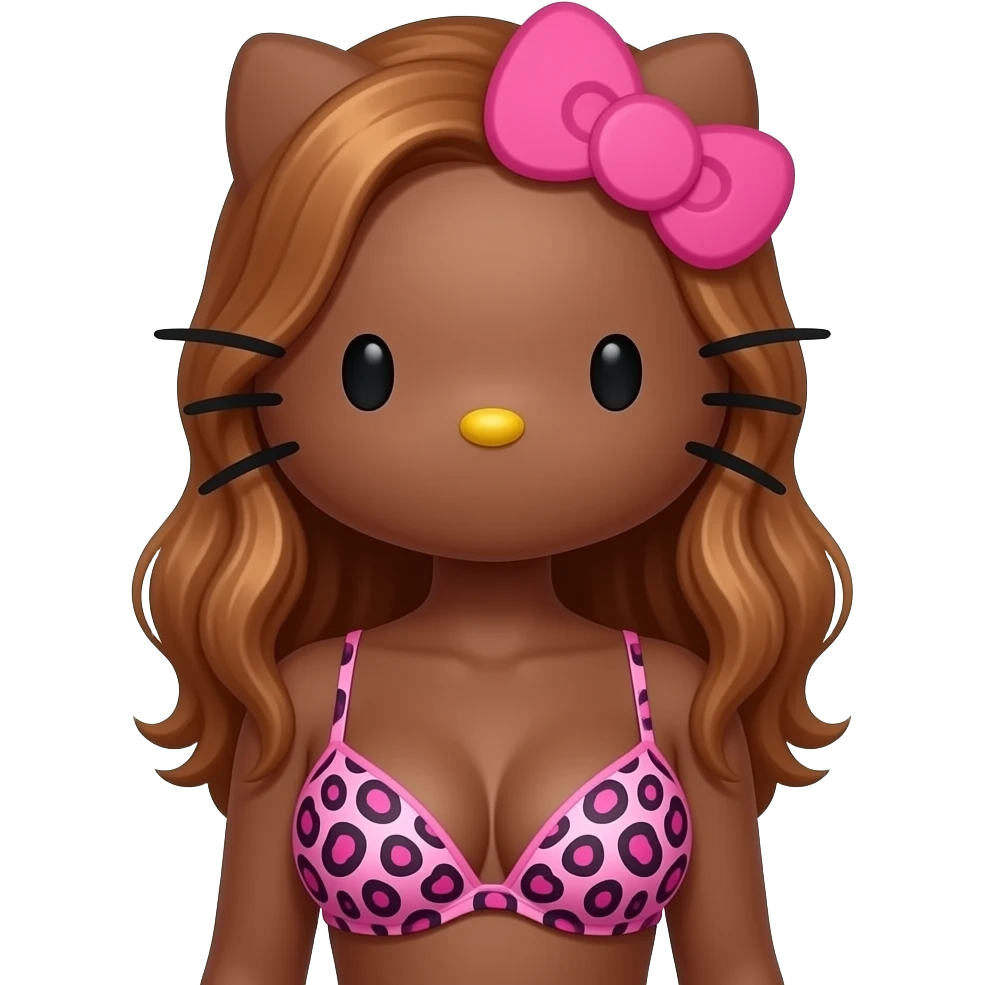 Big breast, Dark brown skin hello kitty girl, Black eyes, copper hair, with pink leopard print bra emoji
