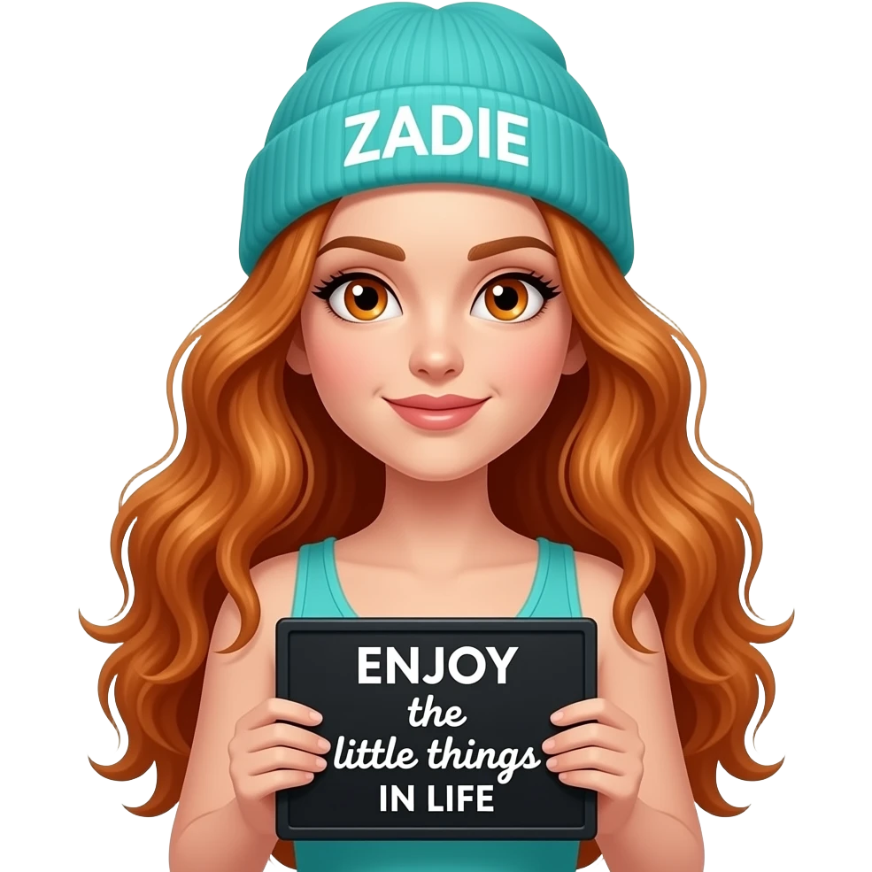 sexy girl with overlong wavy ginger hair and ginger eyes wearing a turquoise tanktop and a turquoise beanie with ZADIE written on it, is holding a black sign with ENJOY the little things IN LIFE written on it emoji