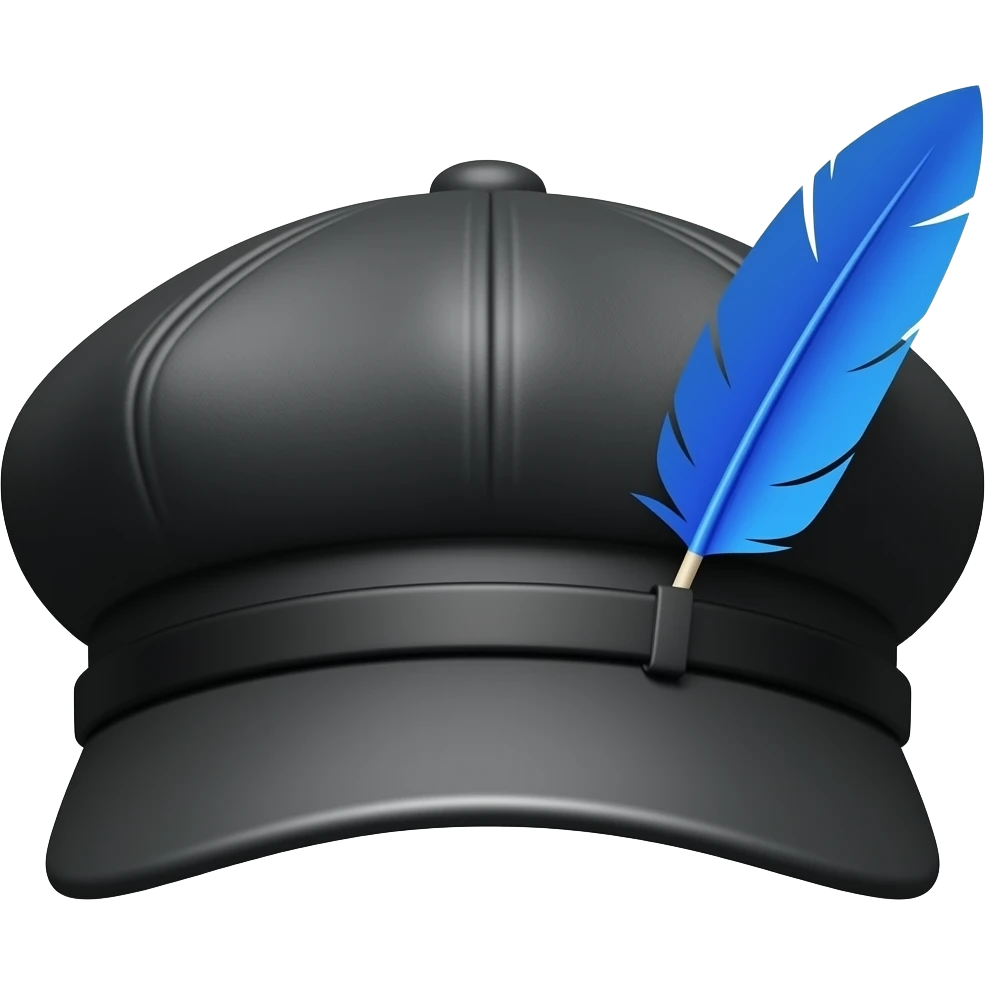 Black Breton cap with a blue feather on the side emoji