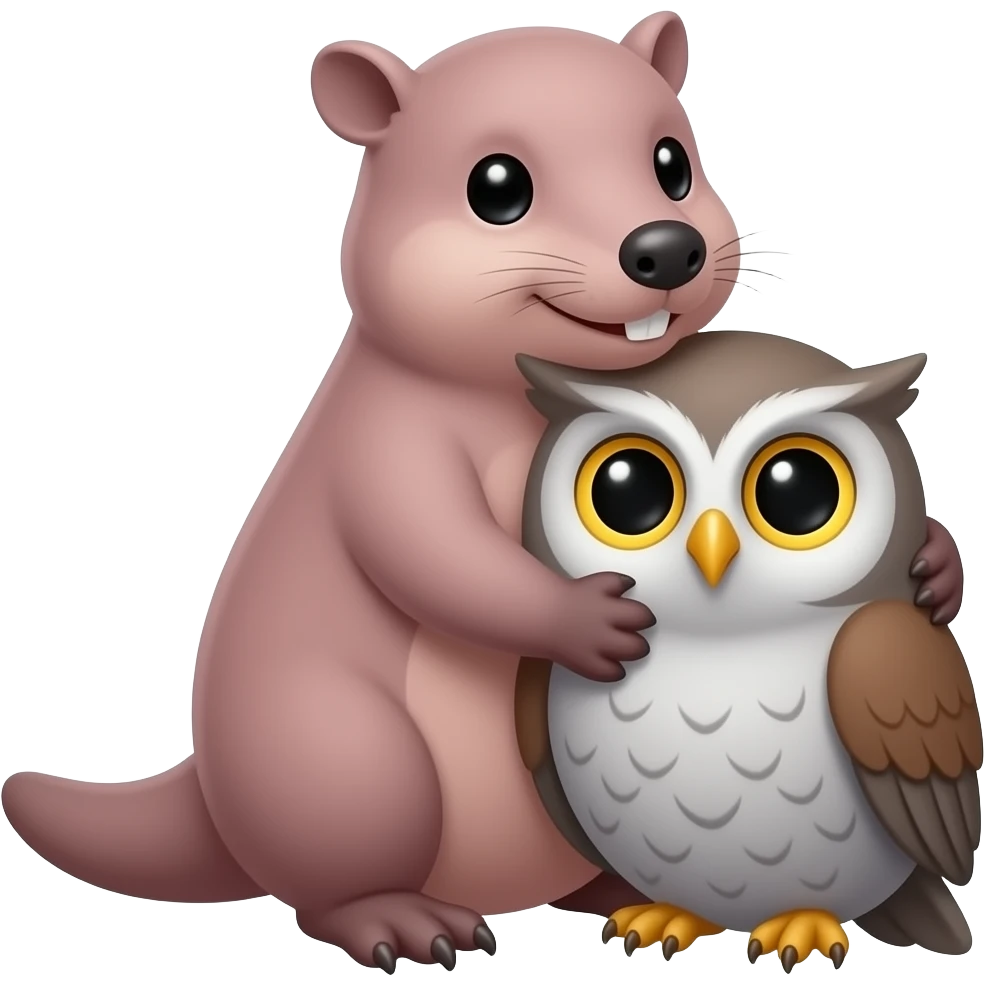 A pink platypus hugging a round grey and brown owl emoji
