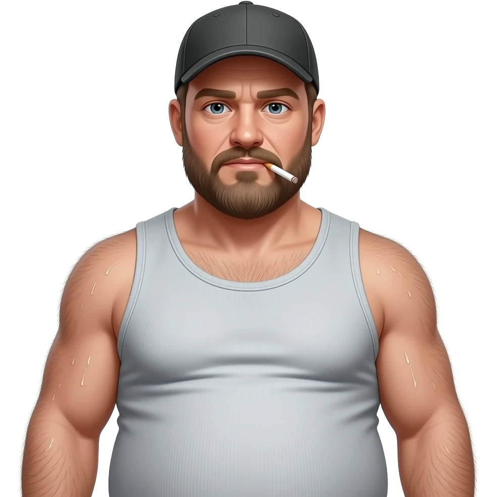 Erstelle ein Portrait von einem nackten Trucker, dicken Bauch, Körper stark behaarten, im über den Bauch gezogenes, verschwitztes hellgrauen, dreckigen enges tangtop, er hat ein Bart und einem alten basecap und er hat eine Zigarette im Mund emoji