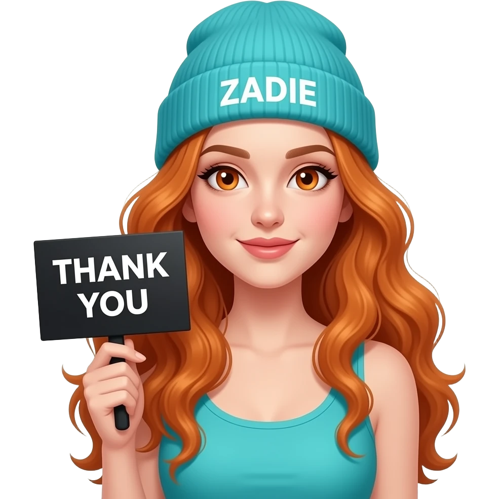 sexy girl with overlong wavy ginger hair and ginger eyes wearing a turquoise tanktop and a turquoise beanie with ZADIE written on it, is holding a black sign with THANK YOU written on it emoji