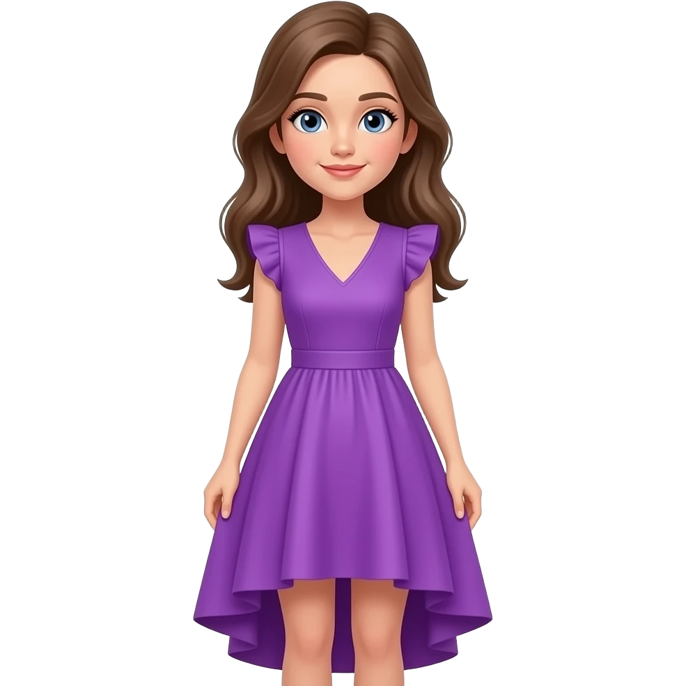 A girl Who wears She wears a vibrant purple, sleeveless dress with a V-neckline and ruffled cap sleeves. The dress has a fitted bodice and a flowing, asymmetrical skirt that is shorter in the front and longer in the back, with layered hemlines emoji