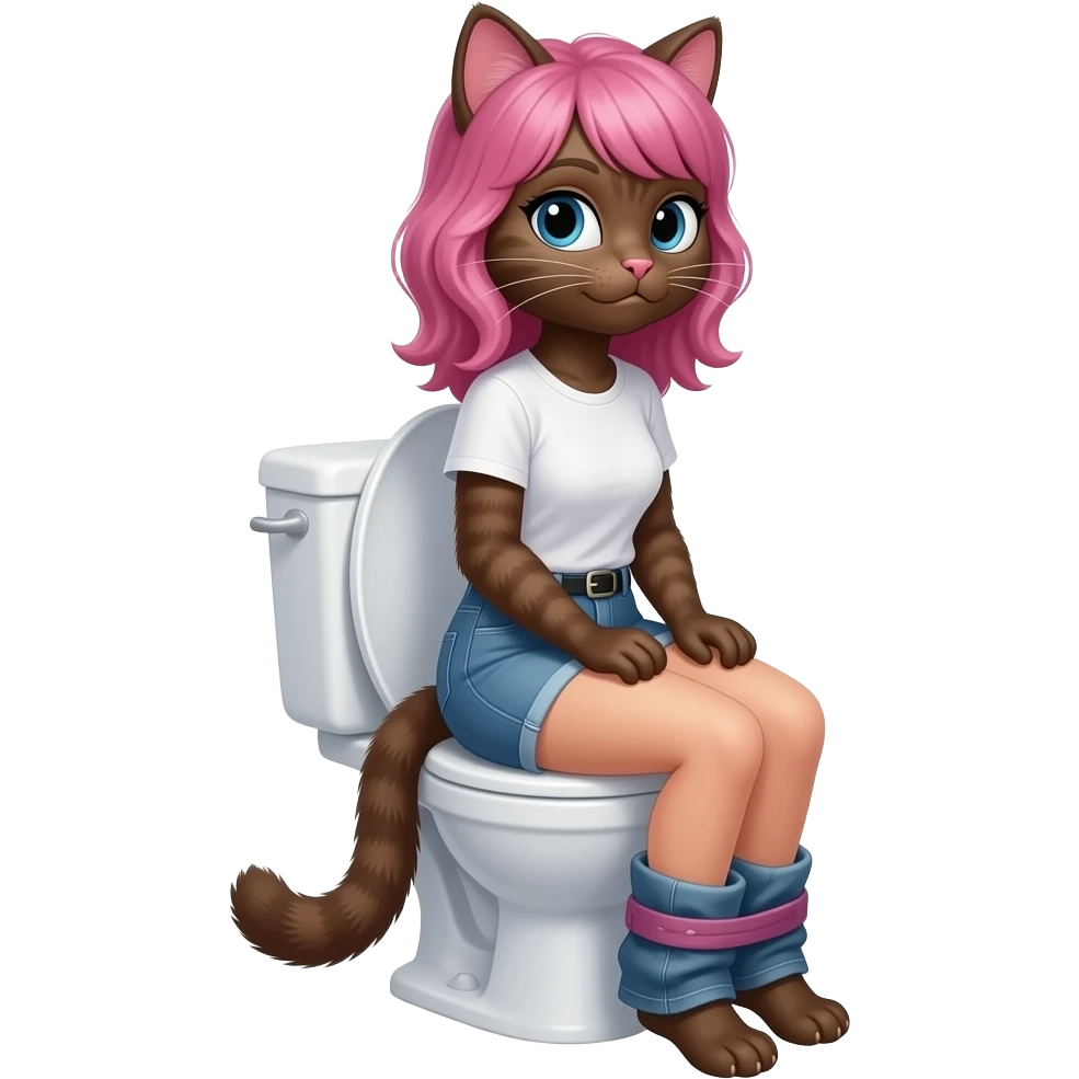 Female dark brown cat furry woman sit on toilet,pink hair emoji